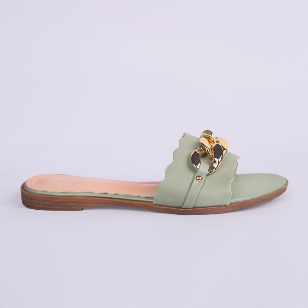 Olive Flat Slipper wih Gold Chain - JB Collection