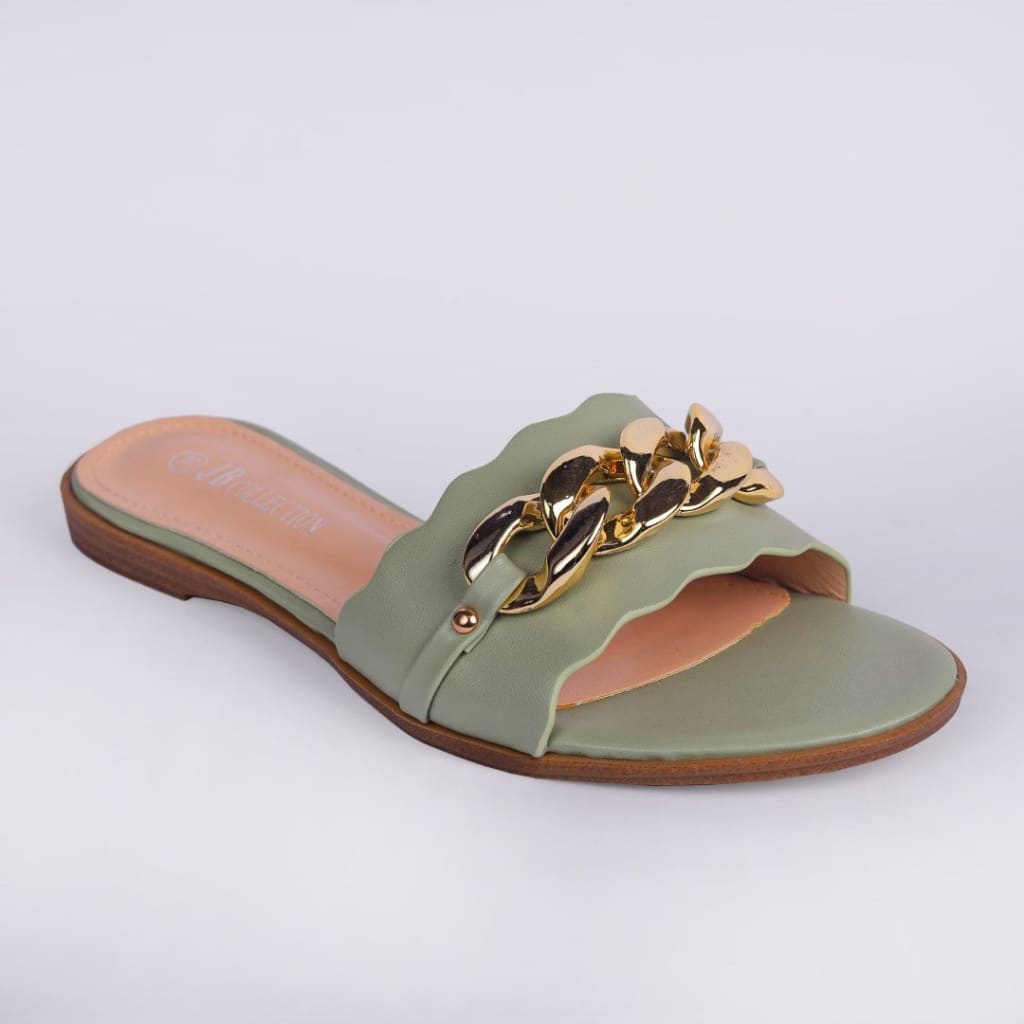 Olive Flat Slipper wih Gold Chain - JB Collection
