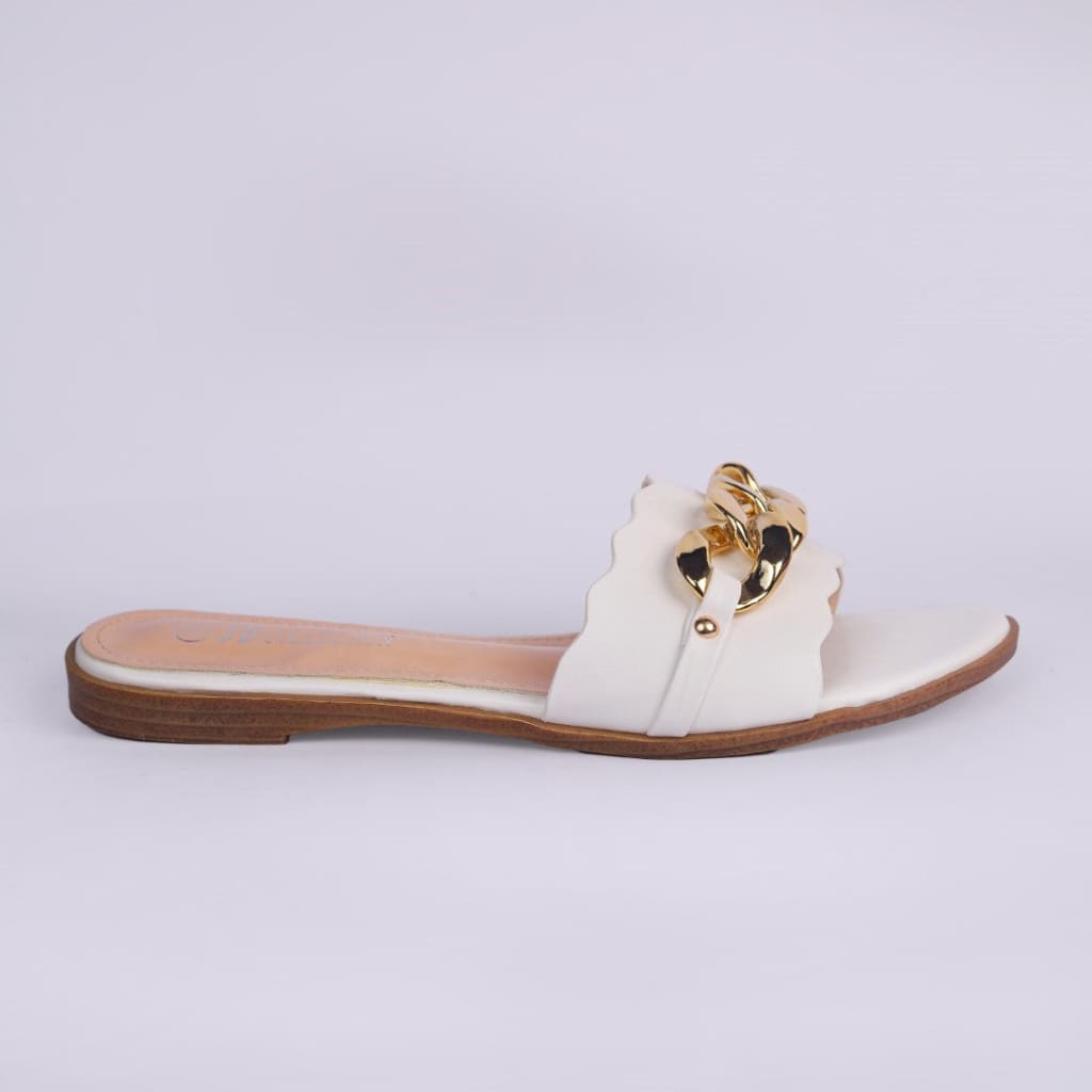White Flat Slipper wih Gold Chain - JB Collection