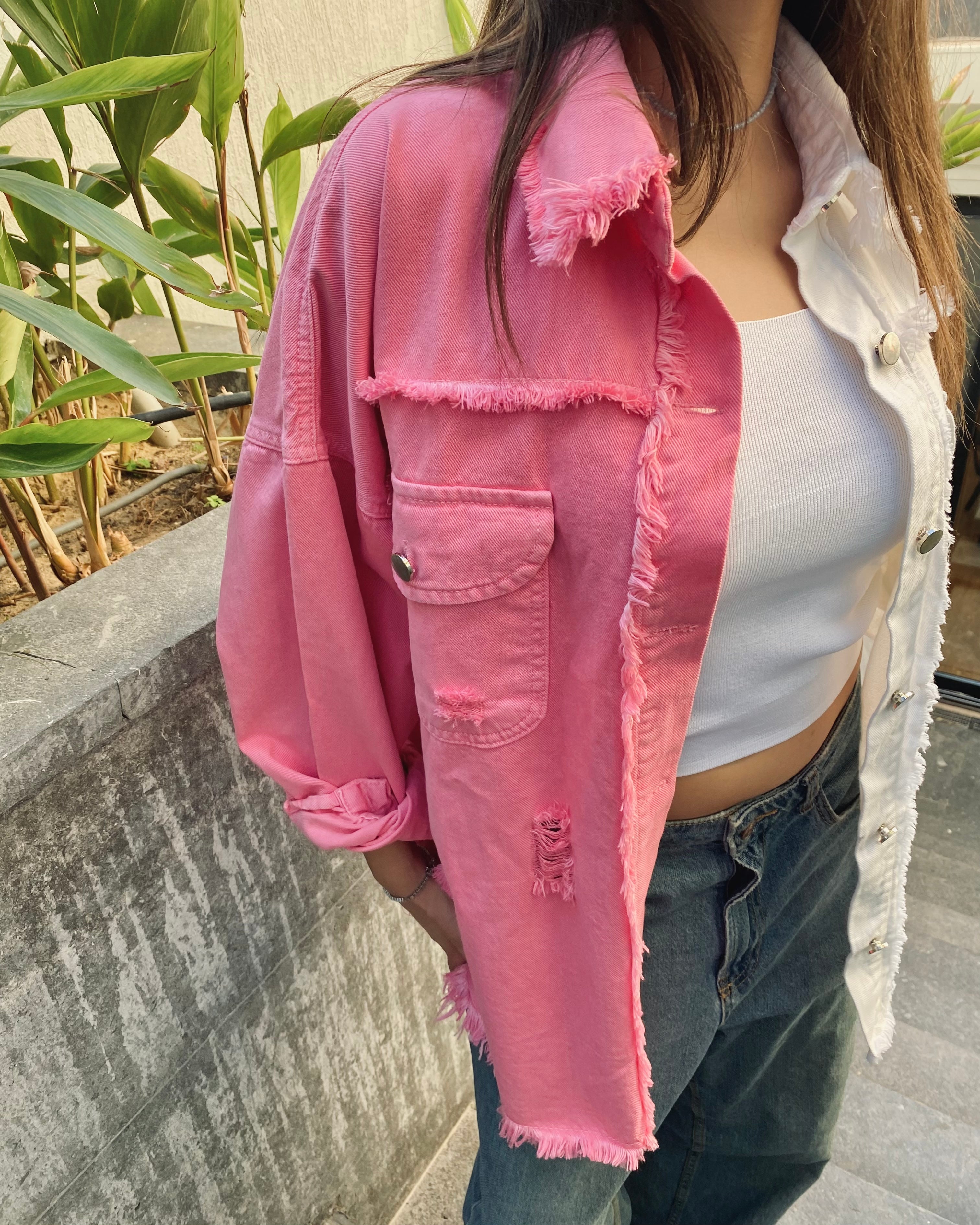 Re/Done Denim Shacket in Pink/White