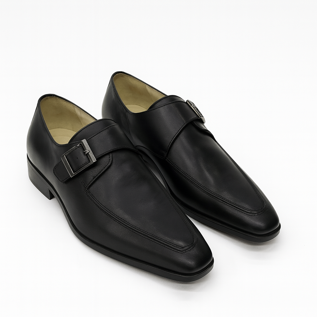 Black Leather Monk Strap Shoes for Men