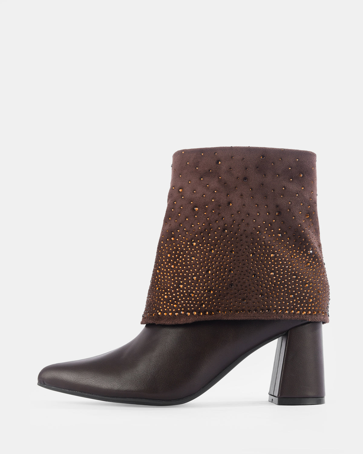 Botshy Women's Rhinestone Cuff Heeled Ankle Boot Cafe