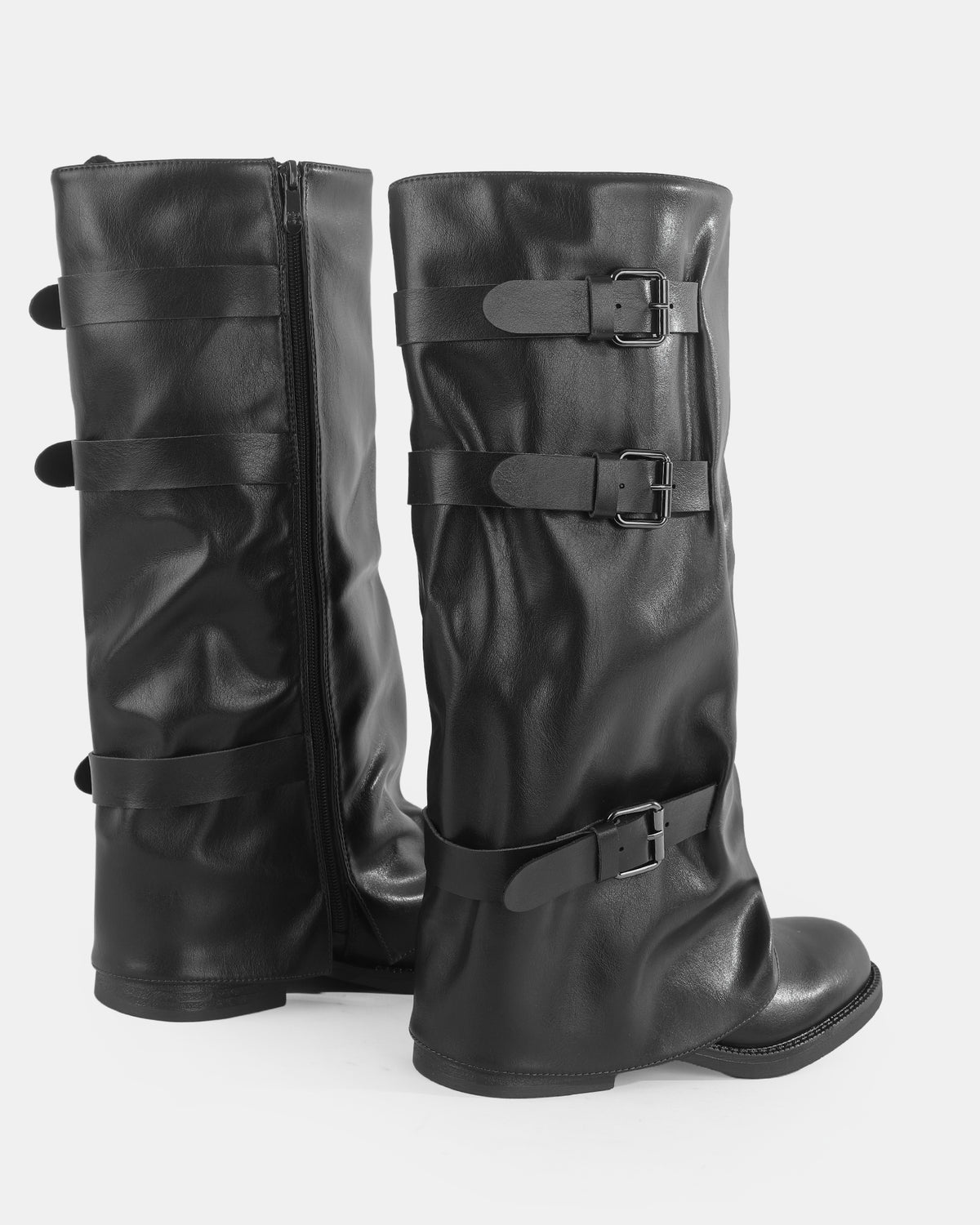 Botshy Women's Tall Buckle Fold-Over Boot Black