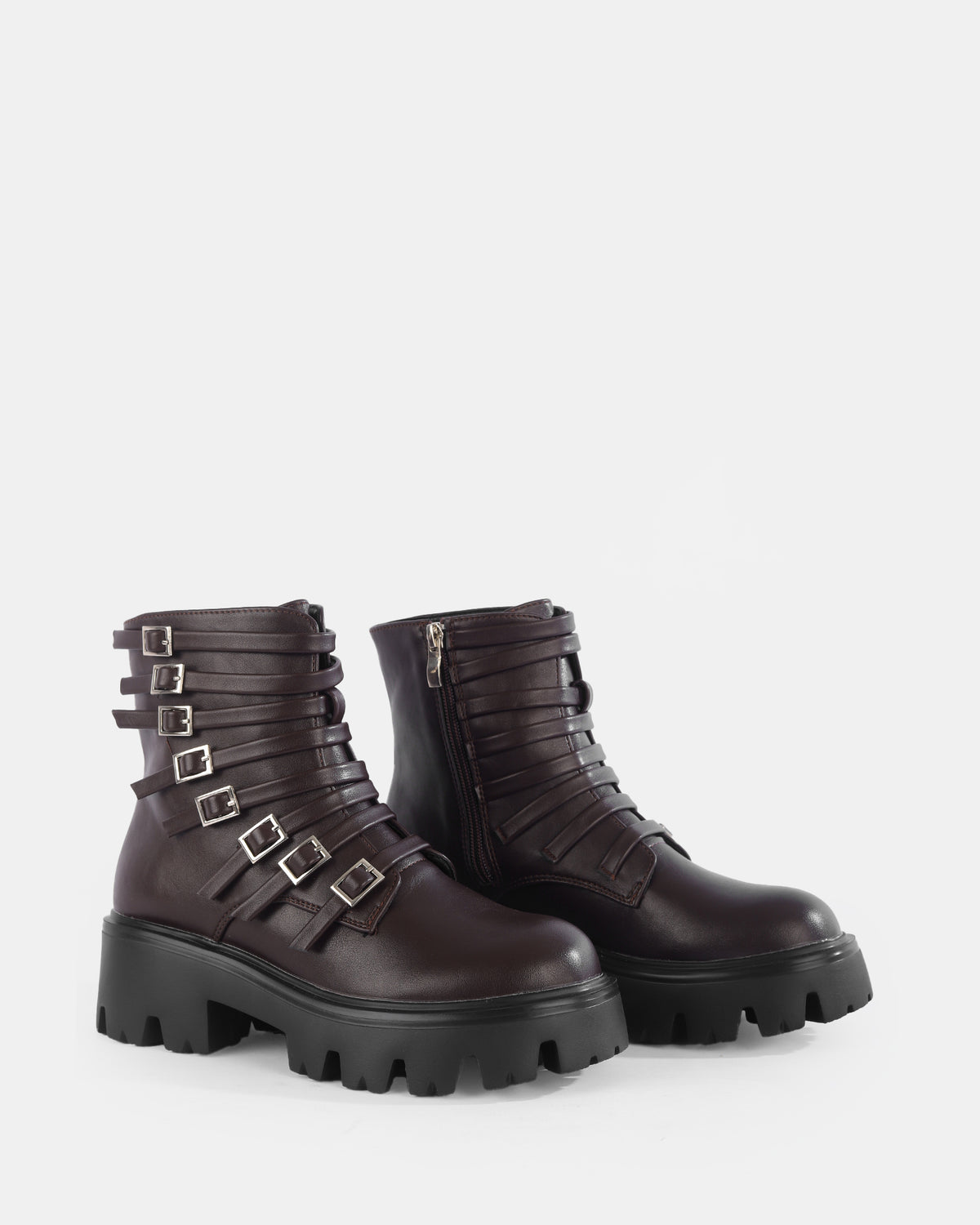 Botshy Women's Chunky Multi-Buckle Biker Boot Cafe