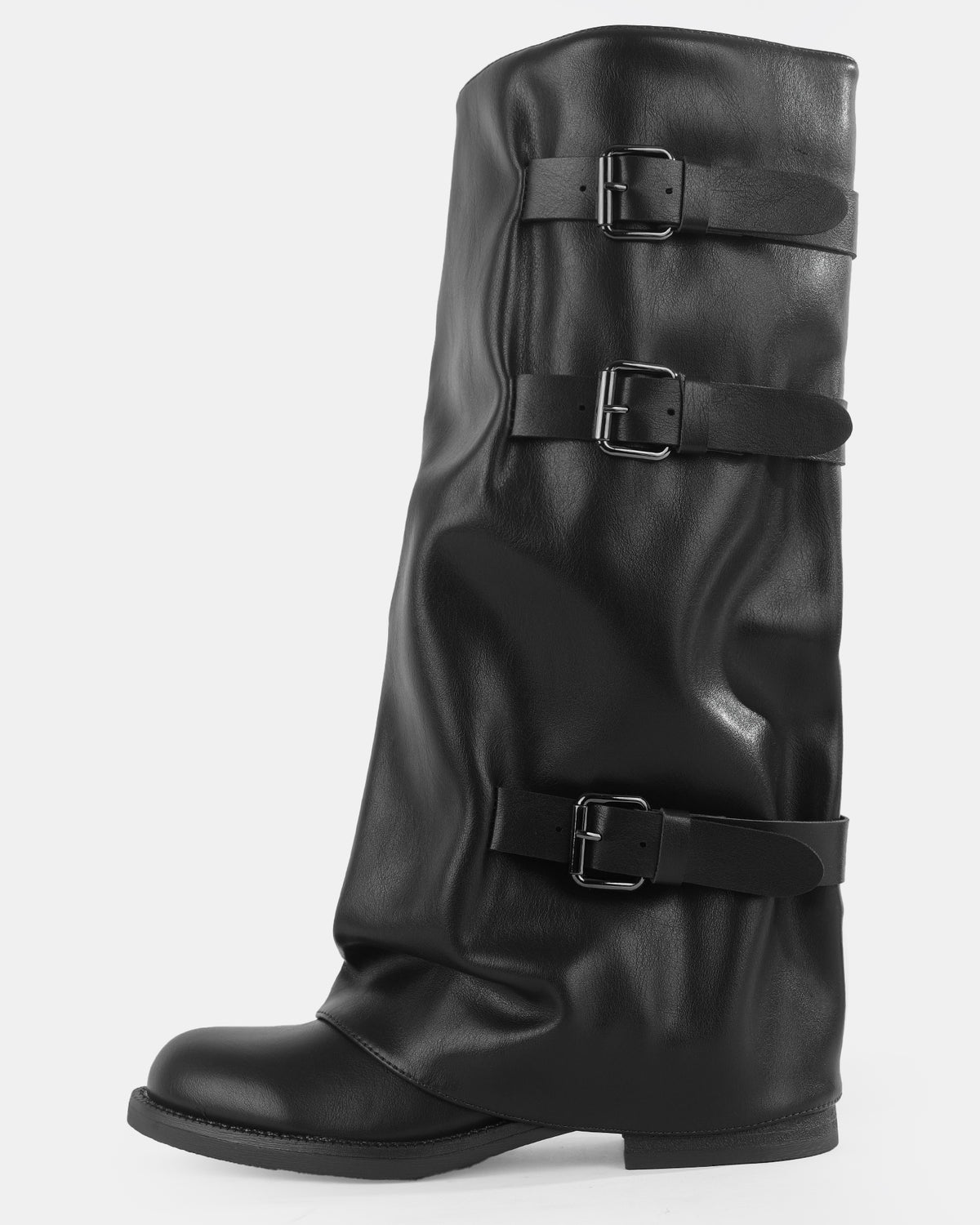 Botshy Women's Tall Buckle Fold-Over Boot Black