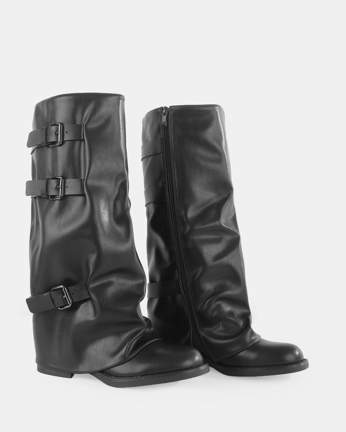 Botshy Women's Tall Buckle Fold-Over Boot Black