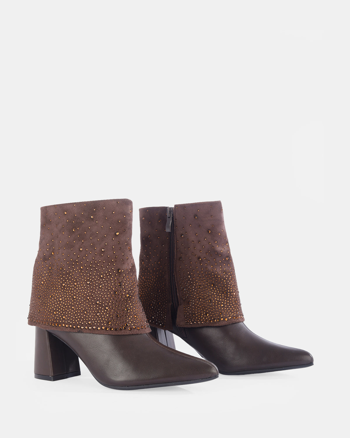 Botshy Women's Rhinestone Cuff Heeled Ankle Boot Cafe