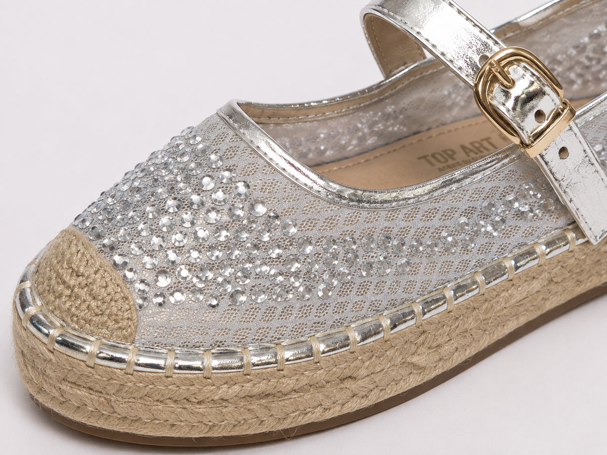 Top 2 crystal-embellished espadrille flats in silver, 44341-TY31
