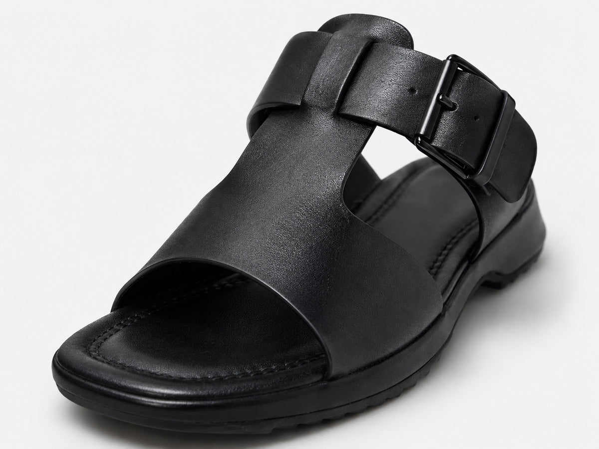 Top 2 H-strap wedge sandal in black, 44341-YAZ