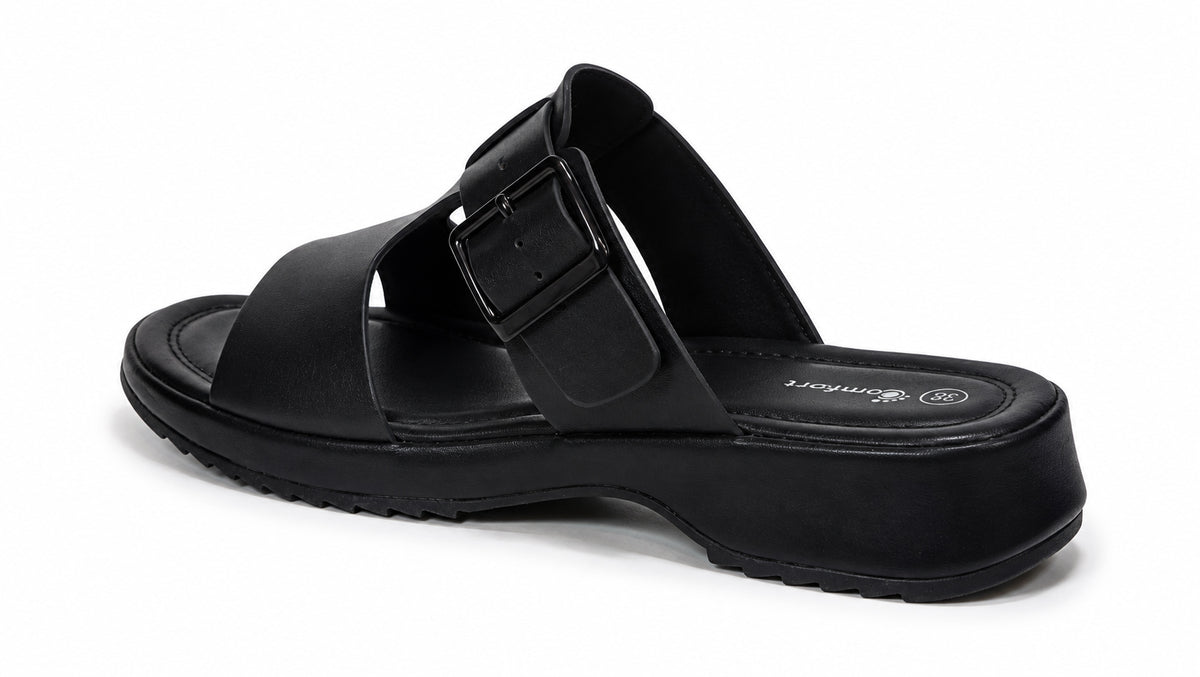 Top 2 H-strap wedge sandal in black, 44341-YAZ