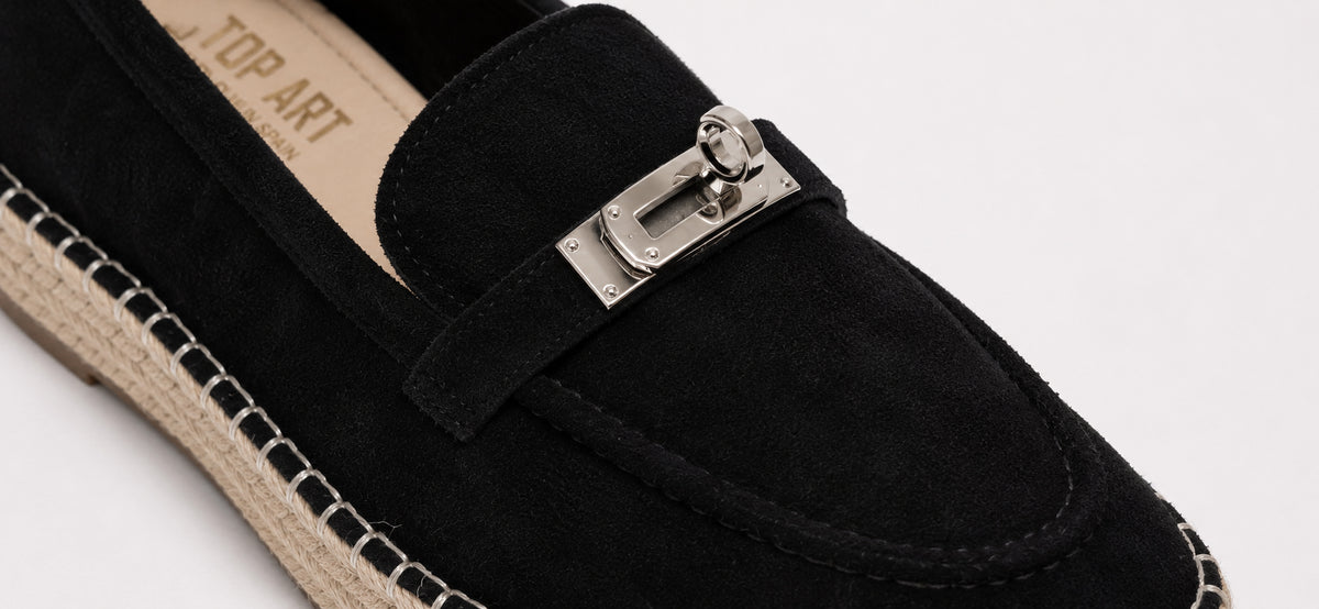 Top 2 suede buckle espadrille loafers in black, 44341-TY24