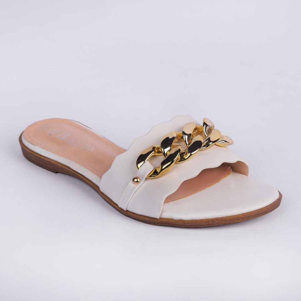 White Flat Slipper wih Gold Chain - JB Collection